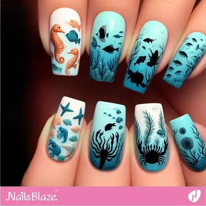 Silhouette Marine Life with Seahorses | Save the Ocean Nails - NB2764